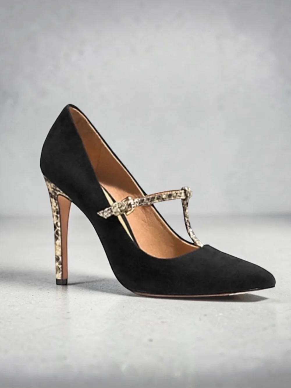 COACH FULTON Black Suede Snakeskin T-Strap Stiletto Pumps Size 11 B
